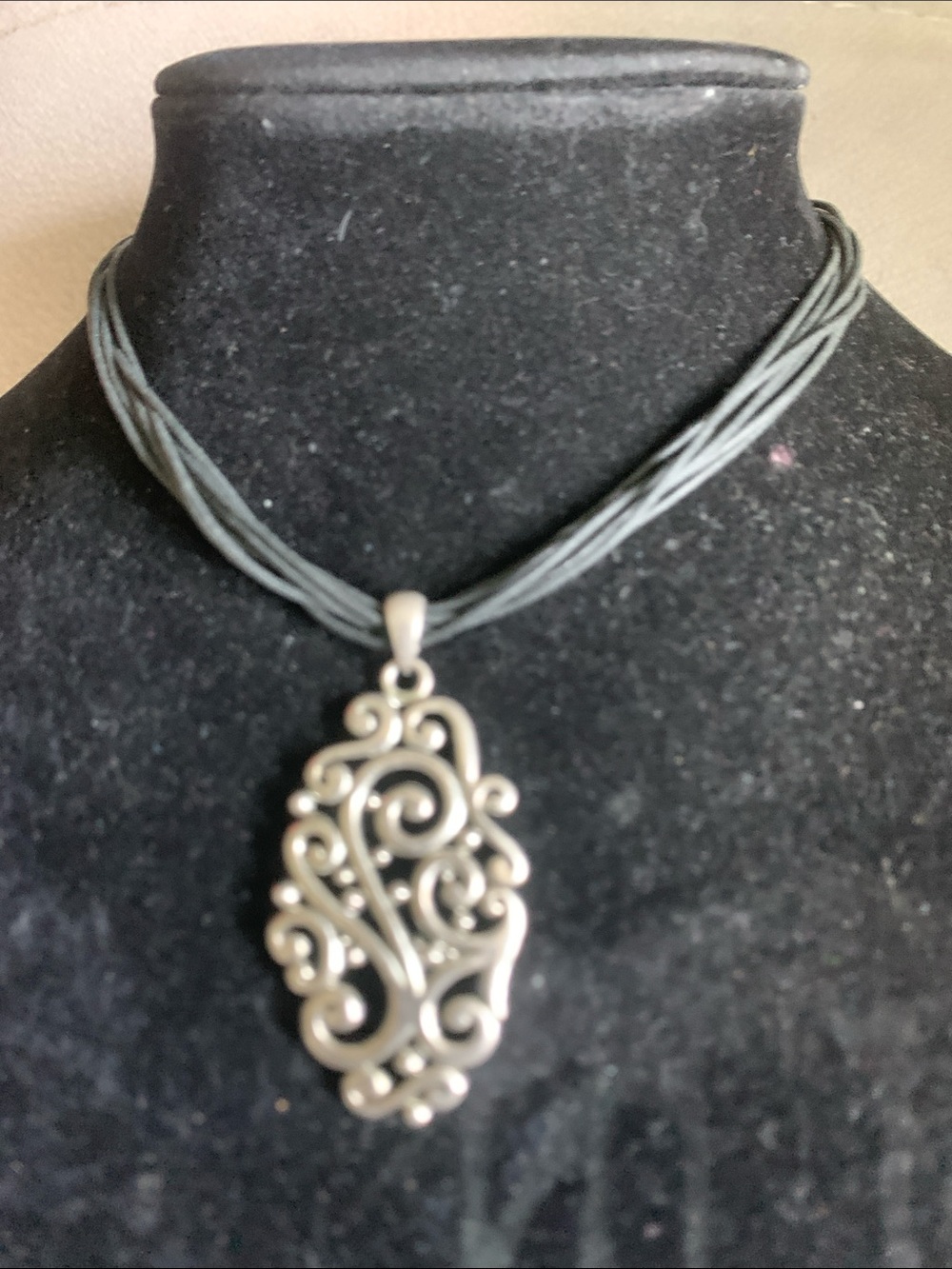 Cookie Lee Silver-Tone Filigree Pendant on Black Multi-Strand Cord